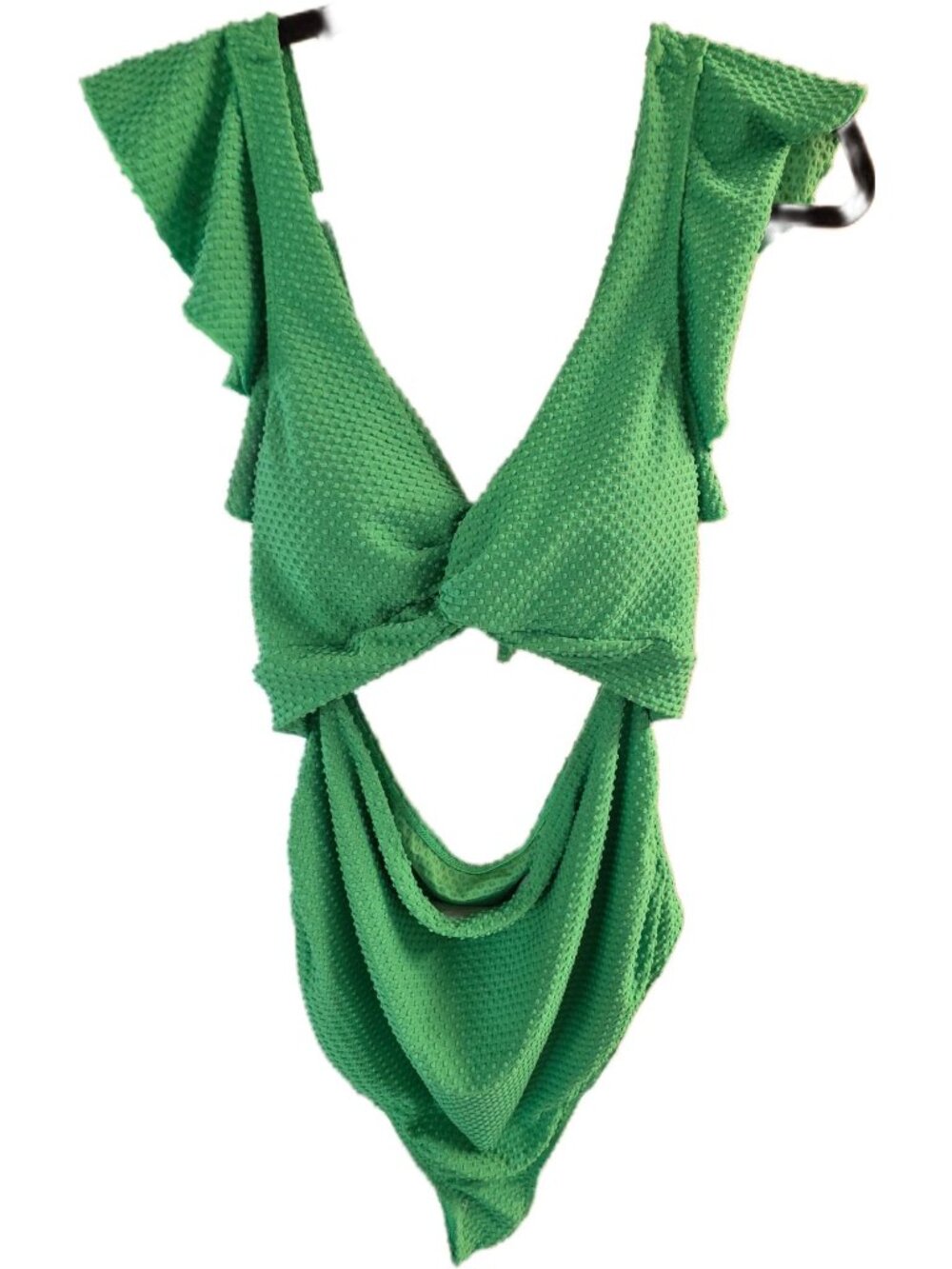 Green Swiss Dot Cutout Monokini One Piece Swimsuit Ruffle Slv Textured XL GUC